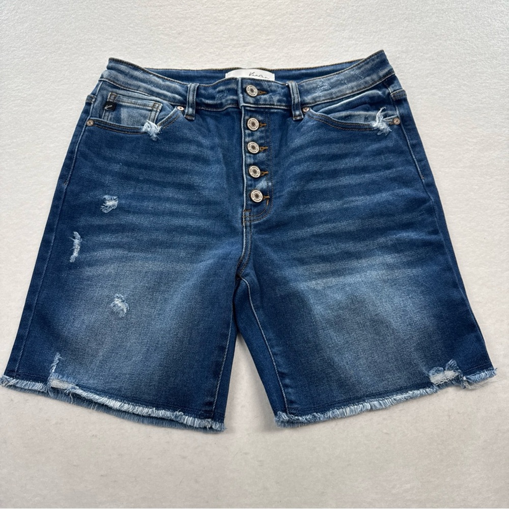 KanCan Dark Blue Distressed Denim Bermuda Shorts - Picture 2 of 9